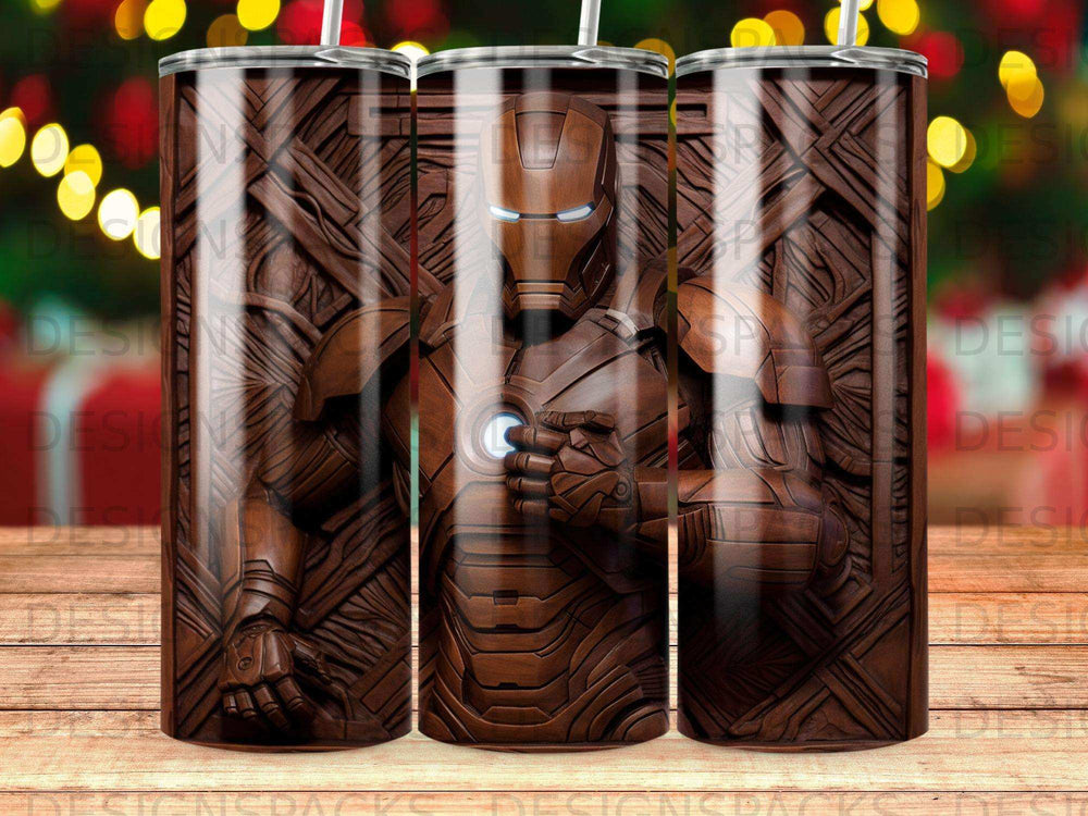 Wood-carved Iron Man helmet on a tumbler with red and gold bokeh background.