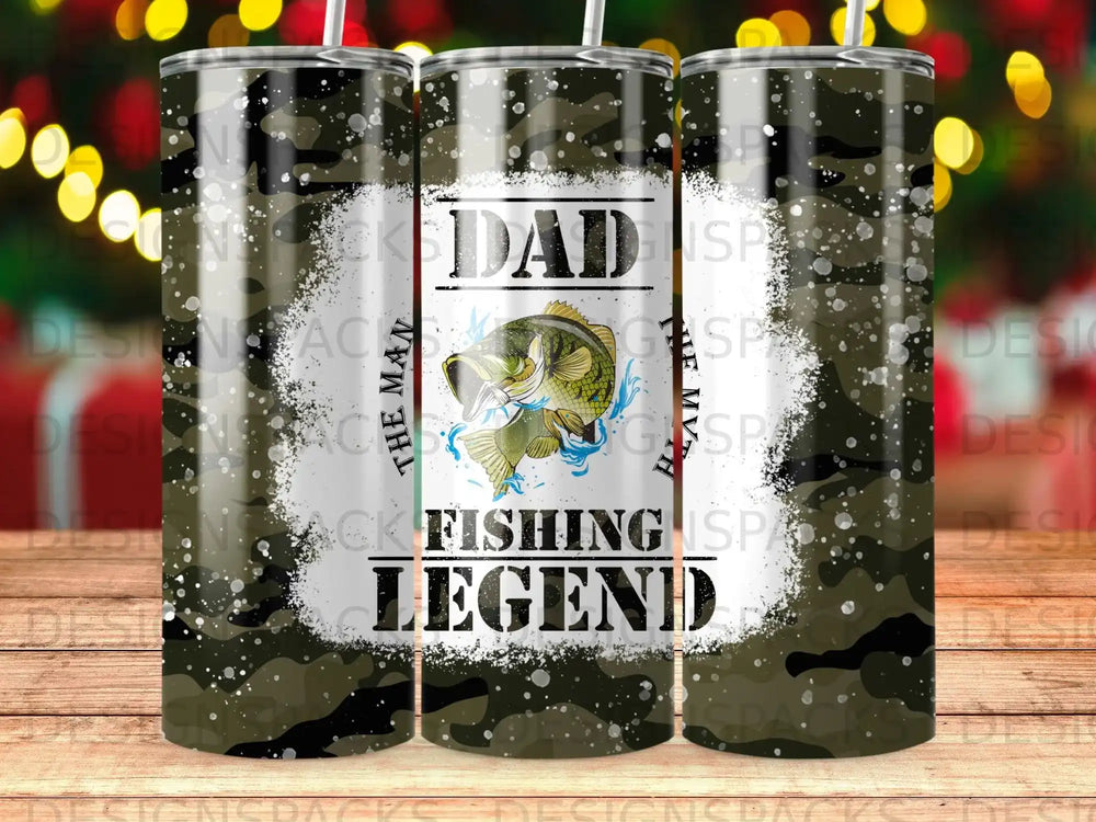 Camouflage tumbler with "Dad Fishing Legend" and a leaping fish.