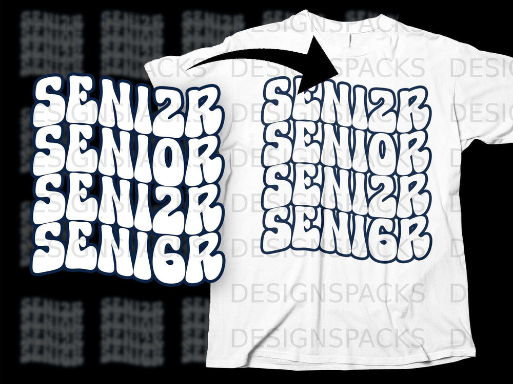 White t-shirt with navy blue "SENIOR" text repeated in a wavy retro font.