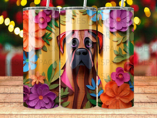 Boxer dog portrait surrounded by colorful paper flowers and bokeh lights.