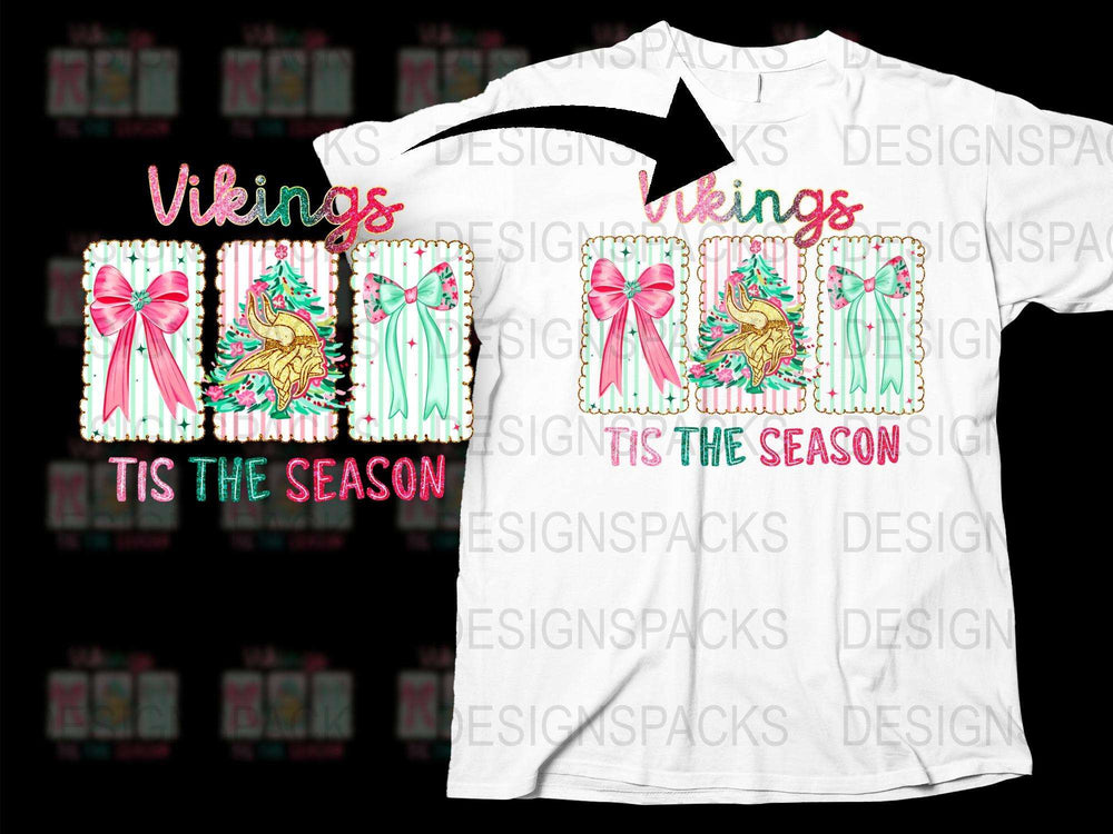 Vikings Tis The Season Christmas T-Shirt, Festive Holiday Graphic Tee, Colorful Bow Design, Unisex Fashion Top