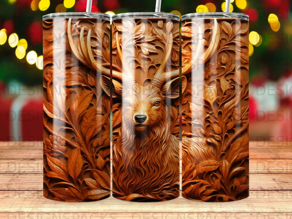 Wood-carved tumbler featuring a detailed stag head and floral motifs.