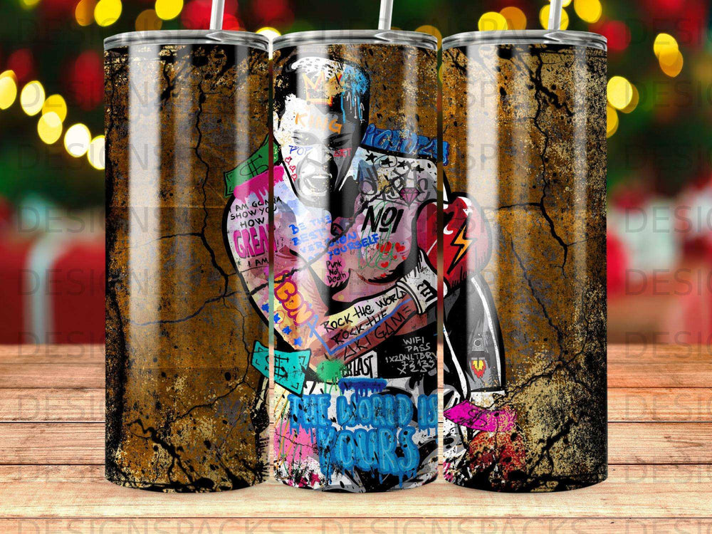 Tumbler with graffiti art of a boxer, text "ROCK THE WORLD," and various graphic elements.