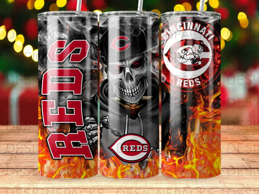 Cincinnati Reds tumbler with skull graphic and fiery design.