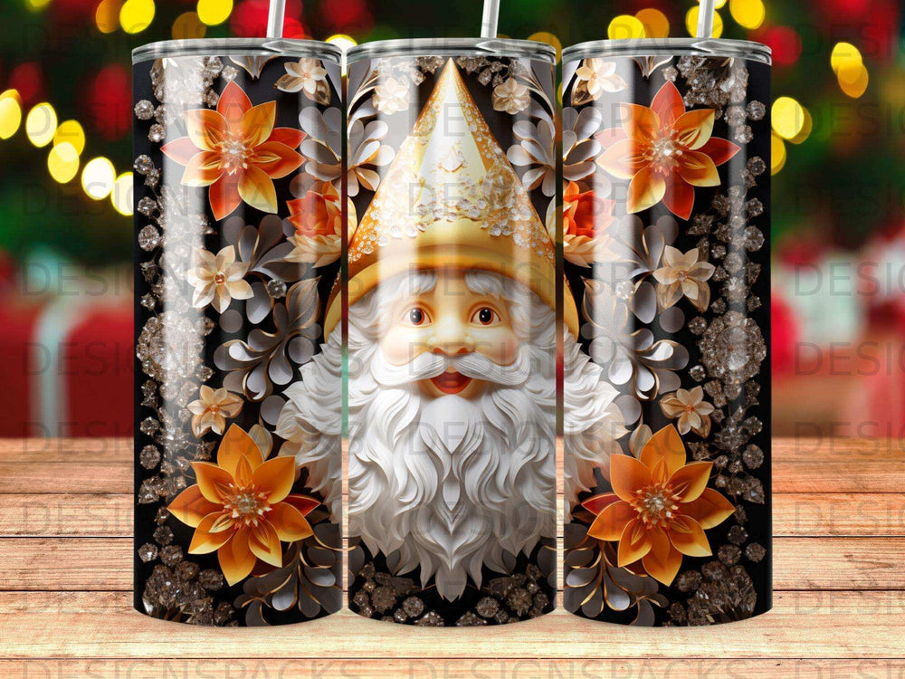 Santa Claus with ornate floral patterns on a tumbler.