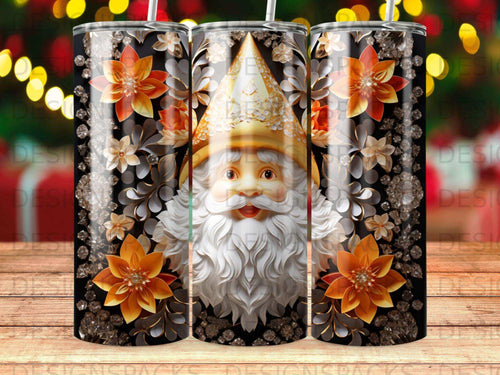 Santa Claus with ornate floral patterns on a tumbler.