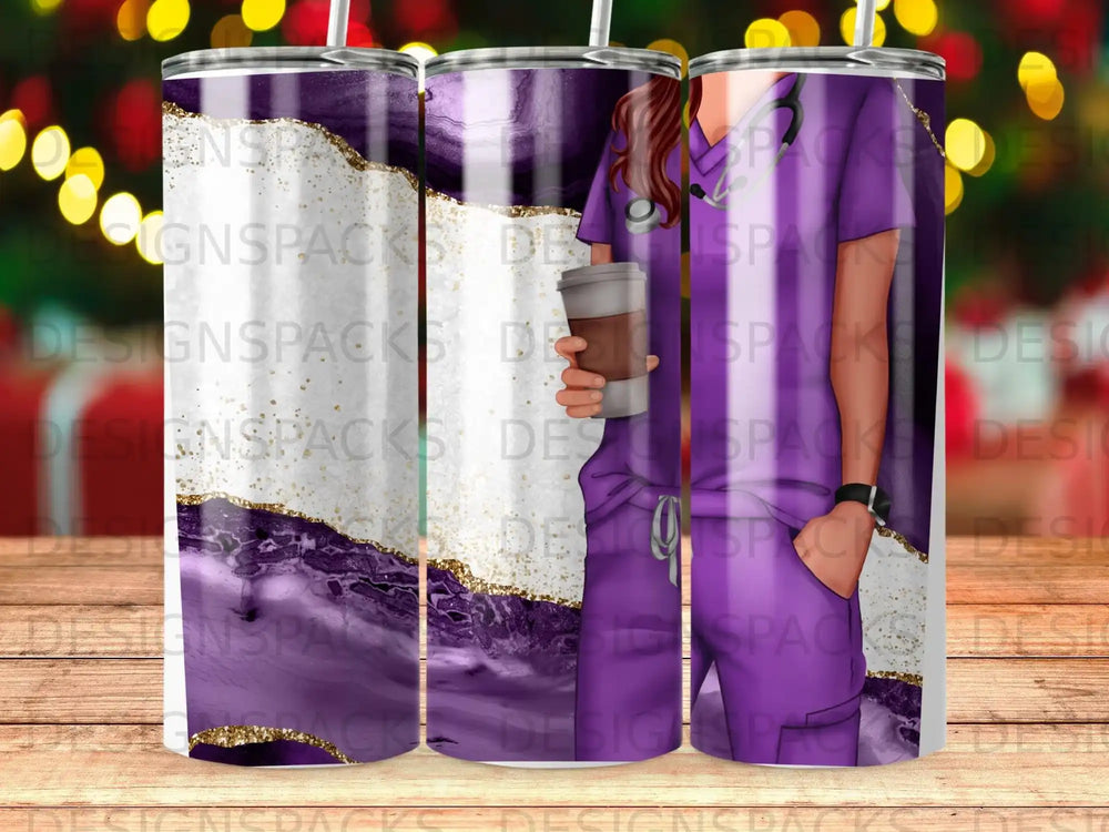 Purple marbled tumbler with nurse holding coffee cup and gold glitter accents.