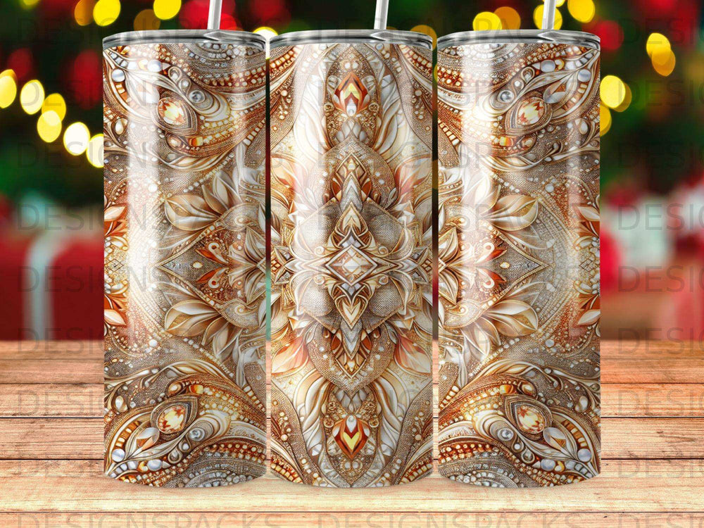 Three tumblers with ornate gold and jewel-toned mandala patterns.