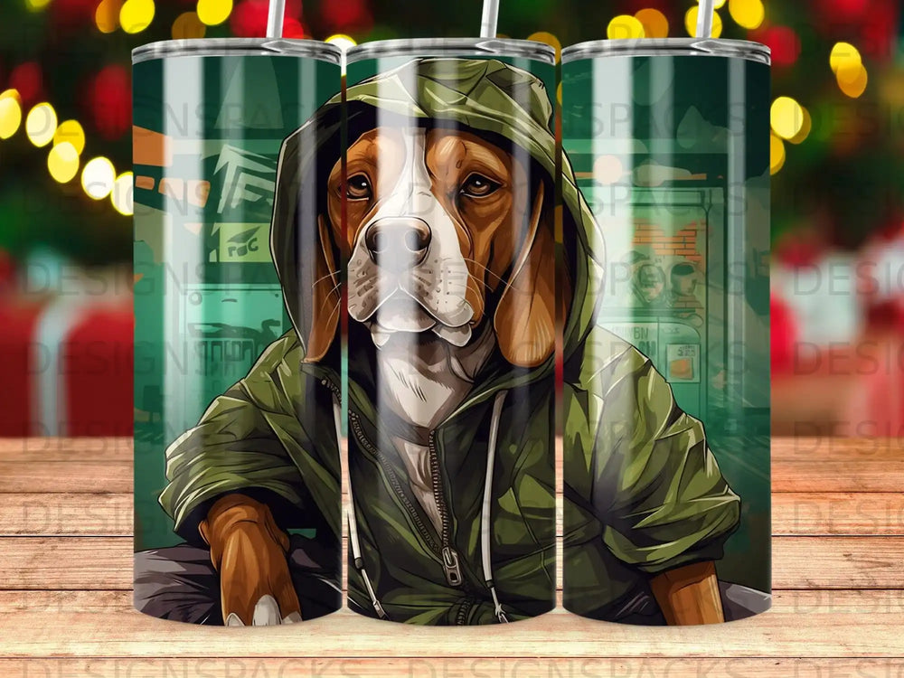 Beagle dog wearing a green hoodie, front view, in front of abstract background.