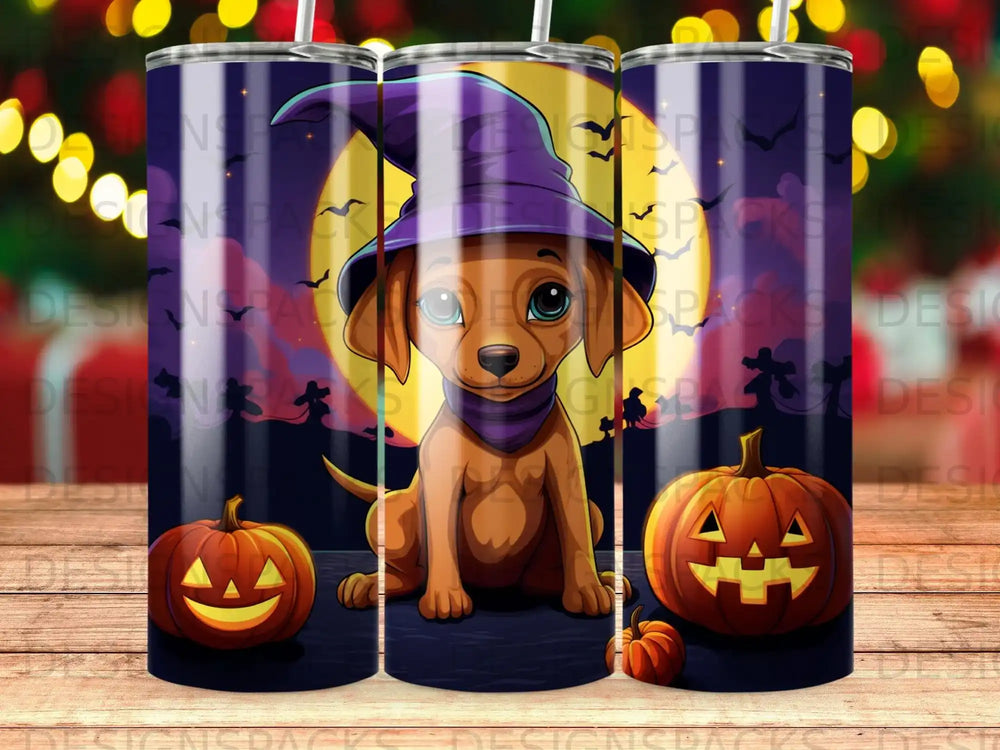 Brown dog in witch hat with pumpkins against moonlit Halloween scene.