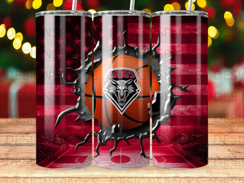 Basketball with team logo bursting through American flag, on court background.