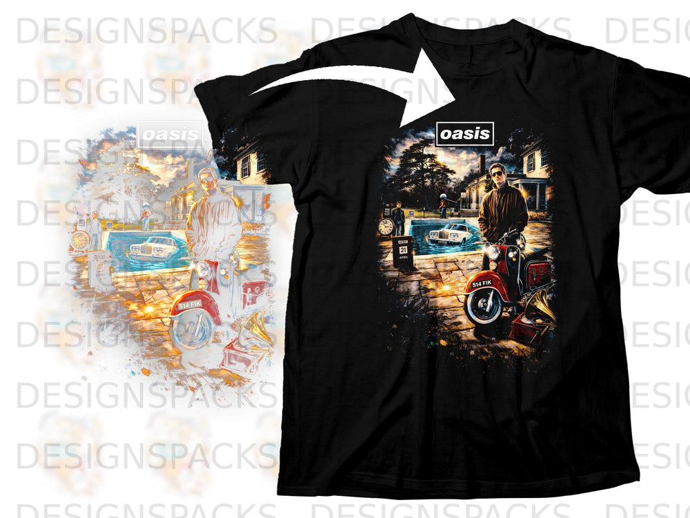 Oasis logo on a black t-shirt featuring artwork of a man on a scooter.