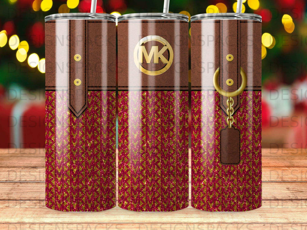 Michael Kors tumbler with repeating logo pattern and gold chain detail.
