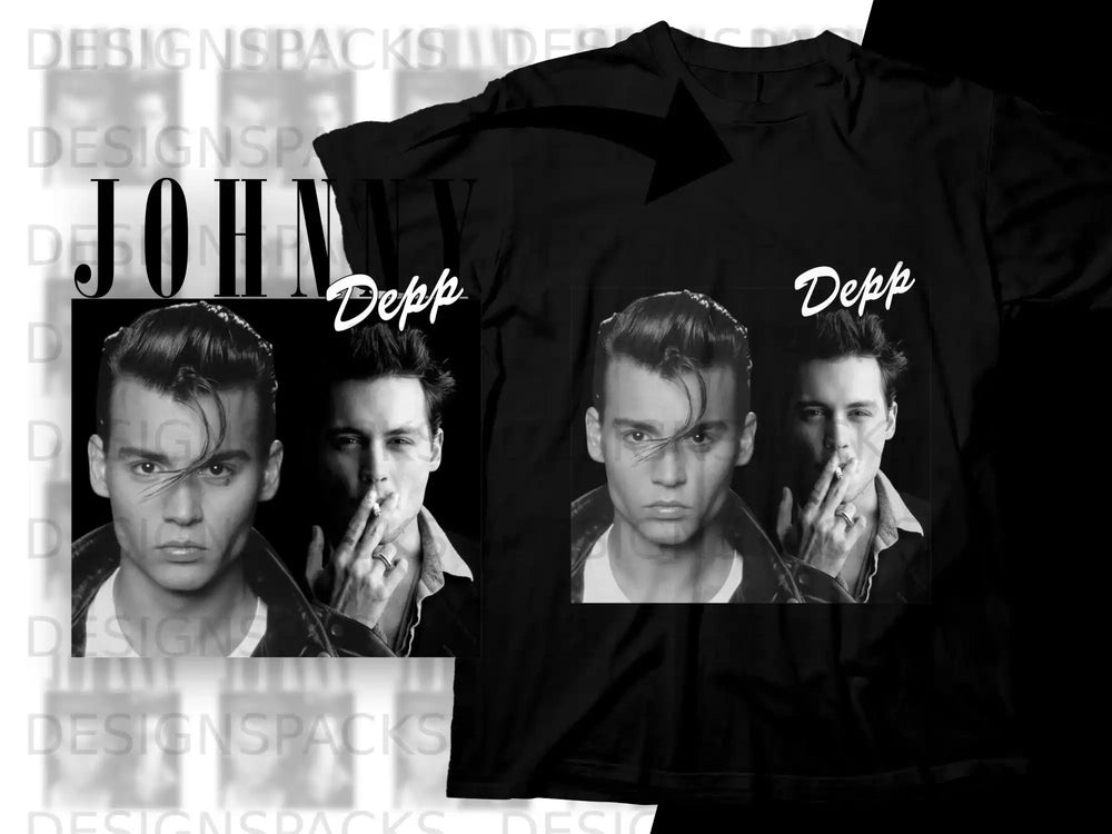 Johnny Depp smoking, printed on a black t-shirt.