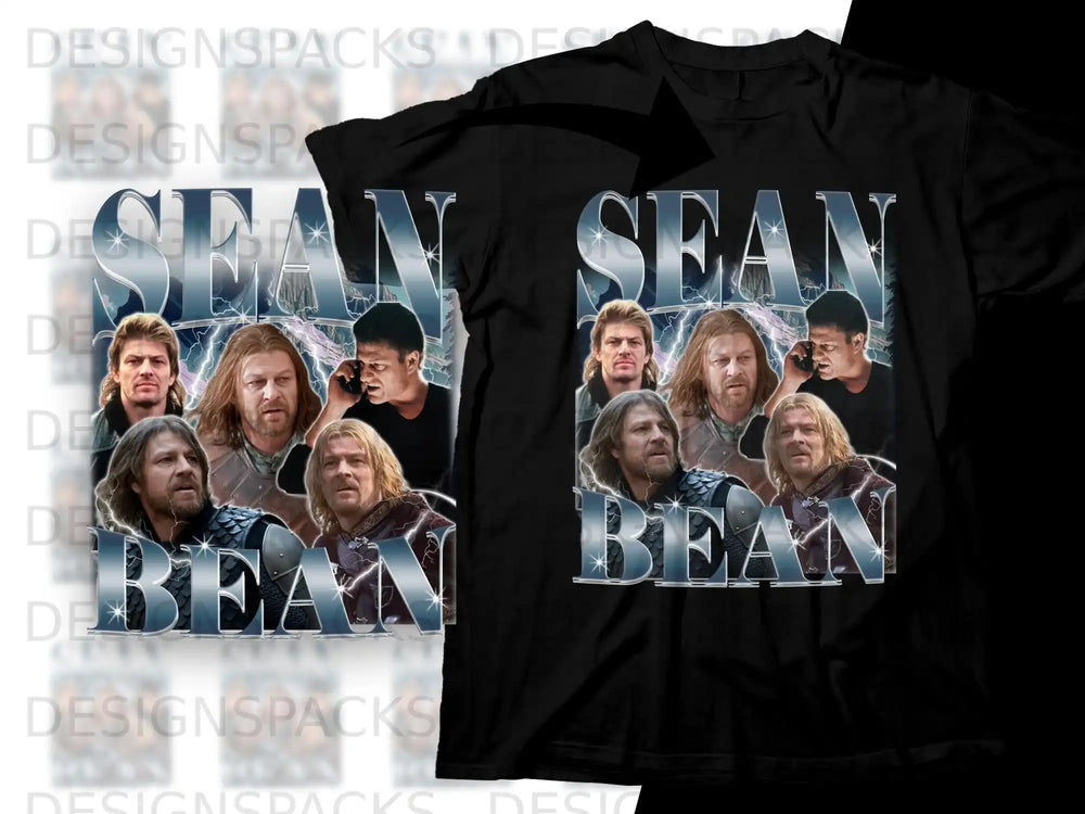 Black t-shirt with collage of Sean Bean movie characters in silver text.
