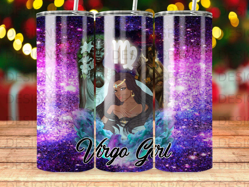 Virgo girl constellation art on a sparkly purple tumbler.