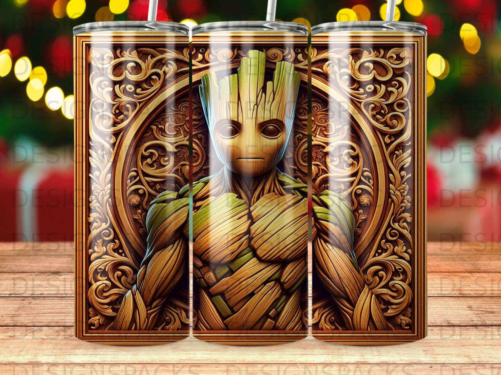Groot with ornate wooden frame and bokeh background.