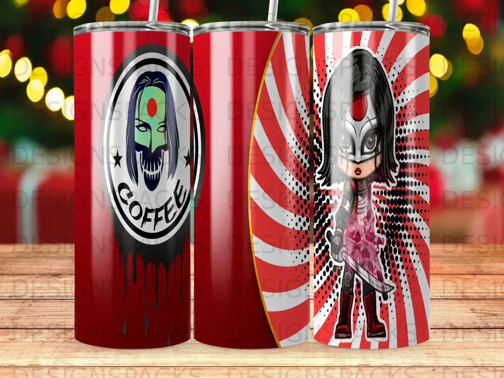 Comic style tumbler with skull logo and character illustration.