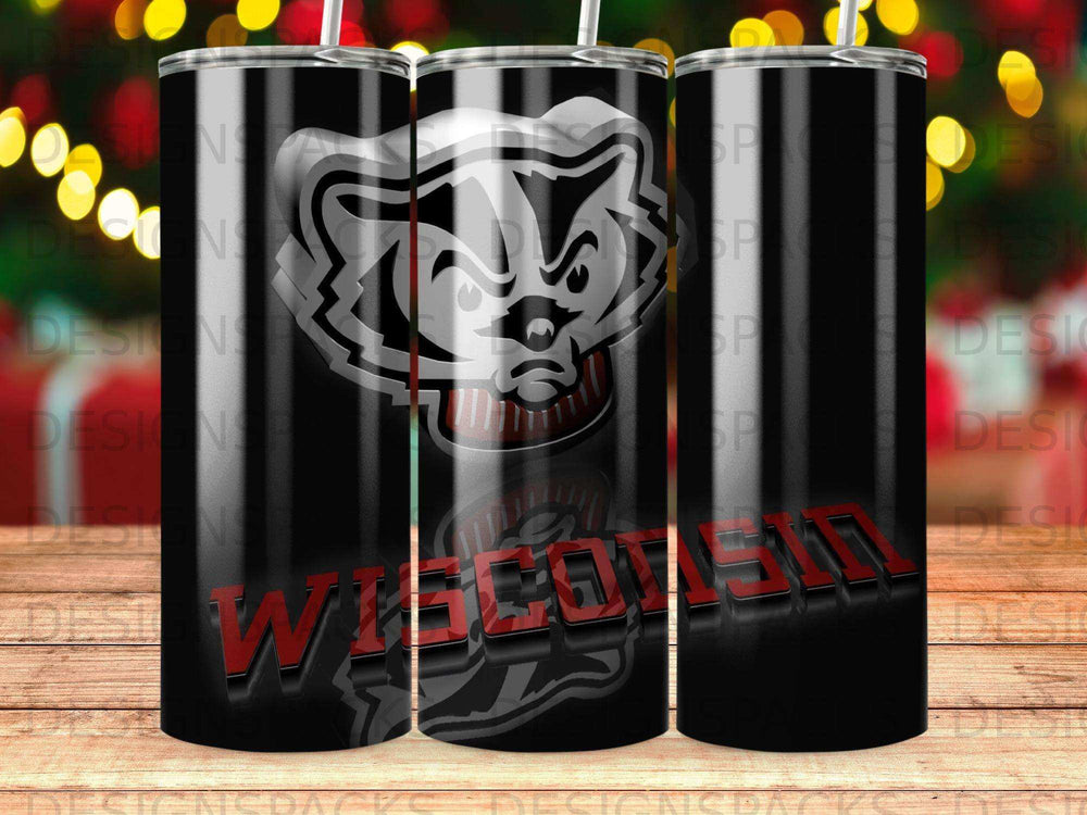 Wisconsin Badgers logo on a black tumbler with a metallic sheen.