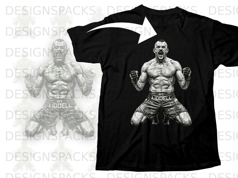 Black t-shirt featuring a drawing of fighter Chuck Liddell in shorts and gloves.