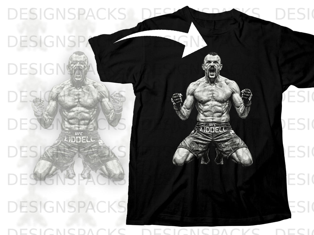Black t-shirt featuring a drawing of fighter Chuck Liddell in shorts and gloves.