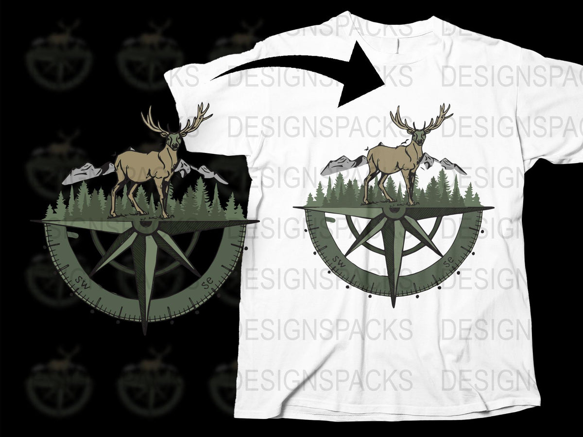 Vintage Deer and Compass Graphic T-Shirt, Nature Inspired Wilderness Tee, Unique Forest Animal Design Shirt
