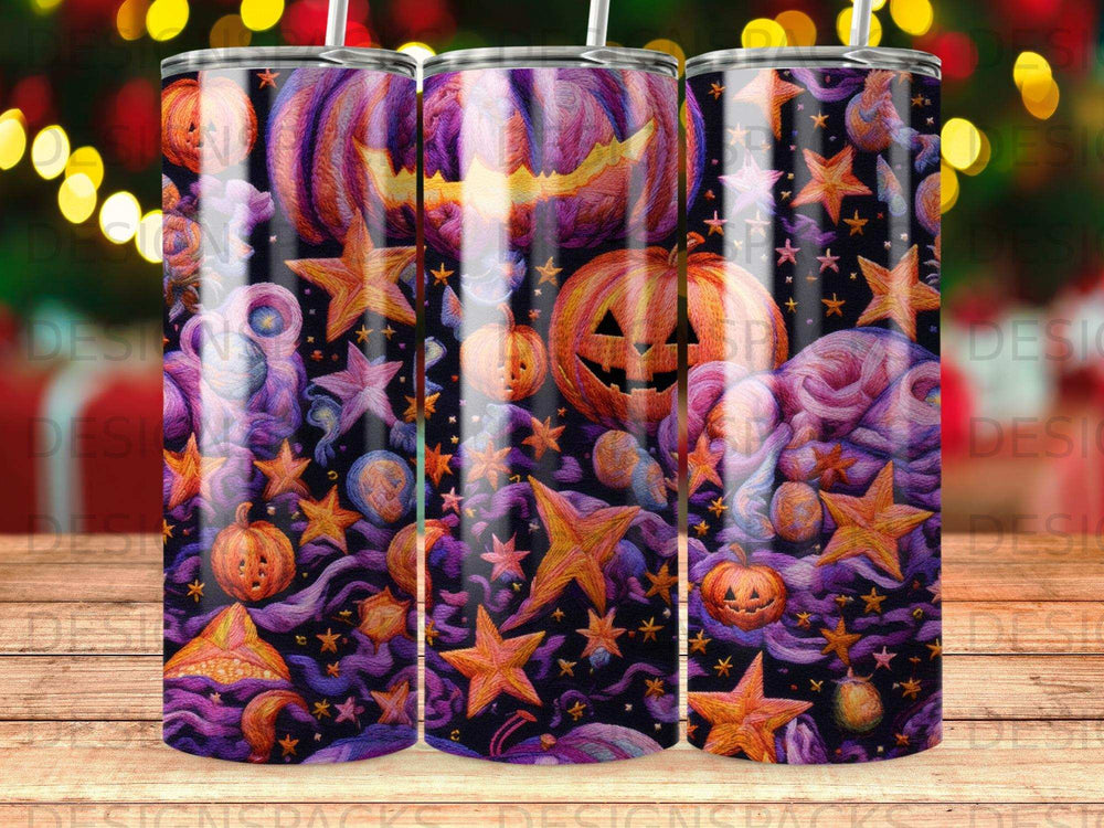 Halloween tumbler with pumpkins, stars, and spooky celestial designs.