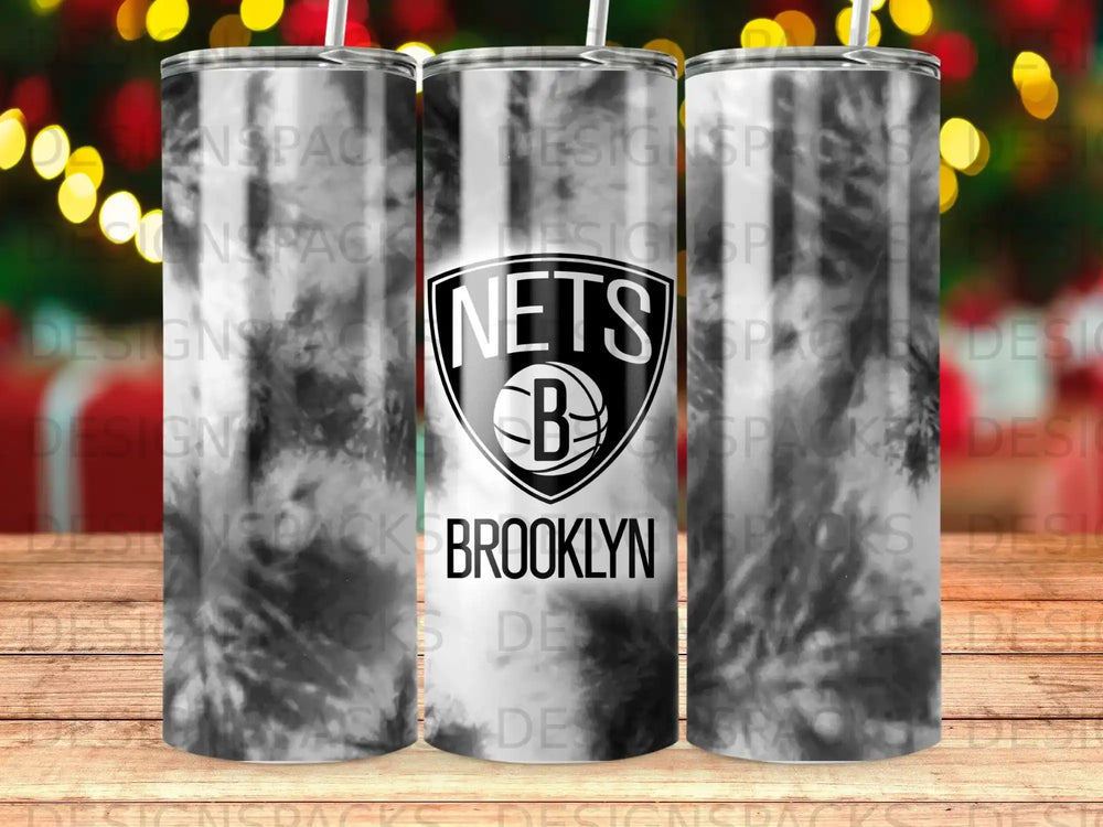 NBA Brooklyn Nets logo on a marbled black and white tumbler.
