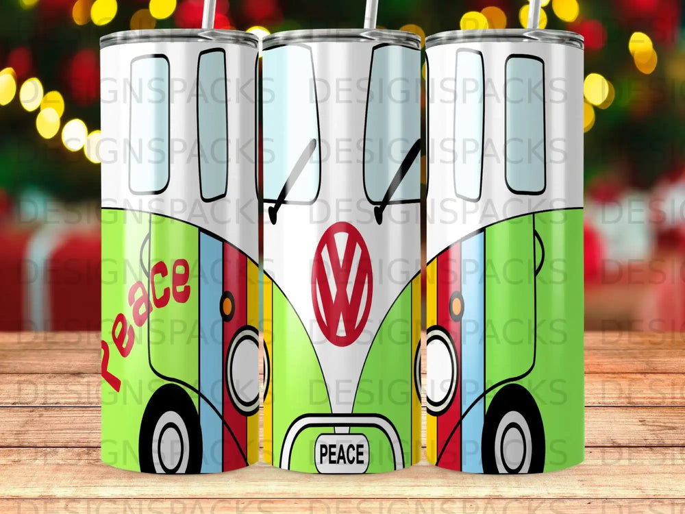 Peace sign camper van with rainbow stripes and a red V logo.