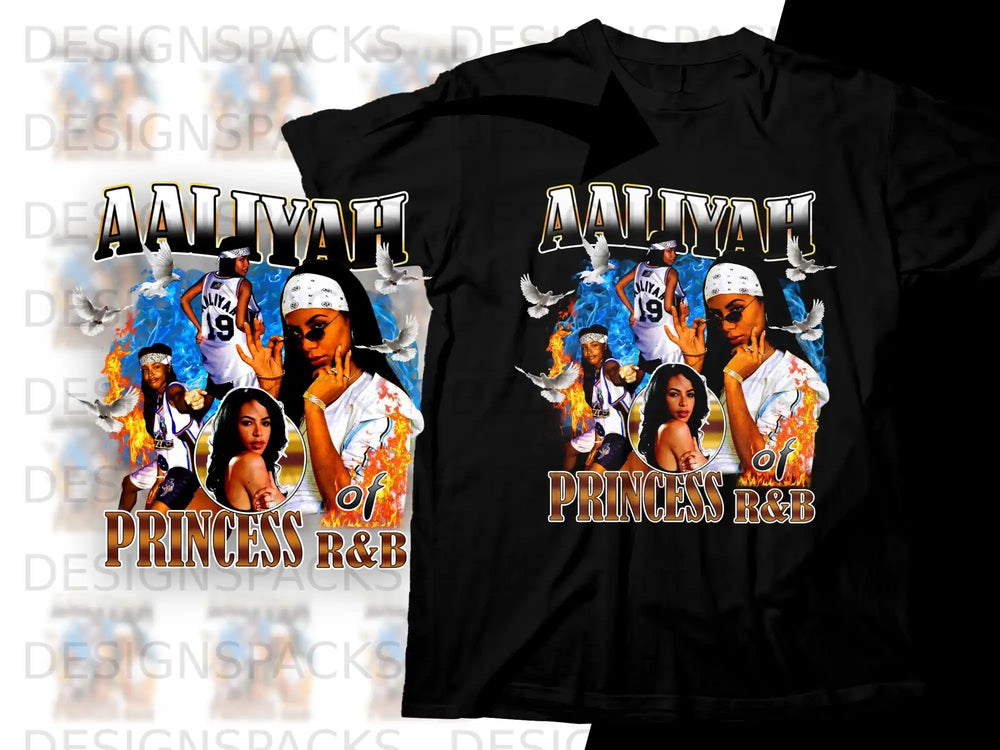 Aaliyah "Princess of R&B" graphic tee with portrait and doves.