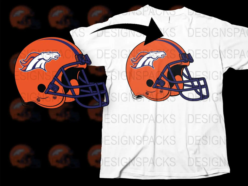 Denver Football Team Helmet Graphic T-Shirt, Casual Sports Fan Apparel, Orange and Blue