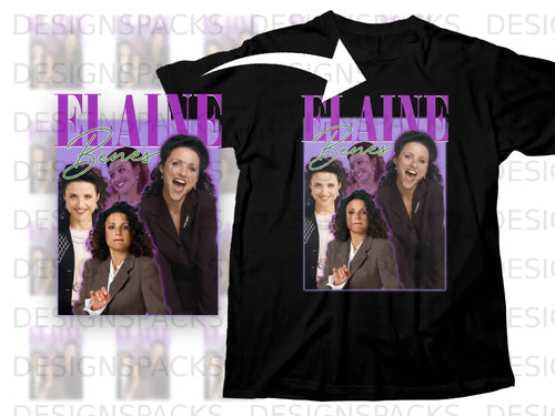 Black t-shirt with a montage of actress Elaine Benes from Seinfeld.