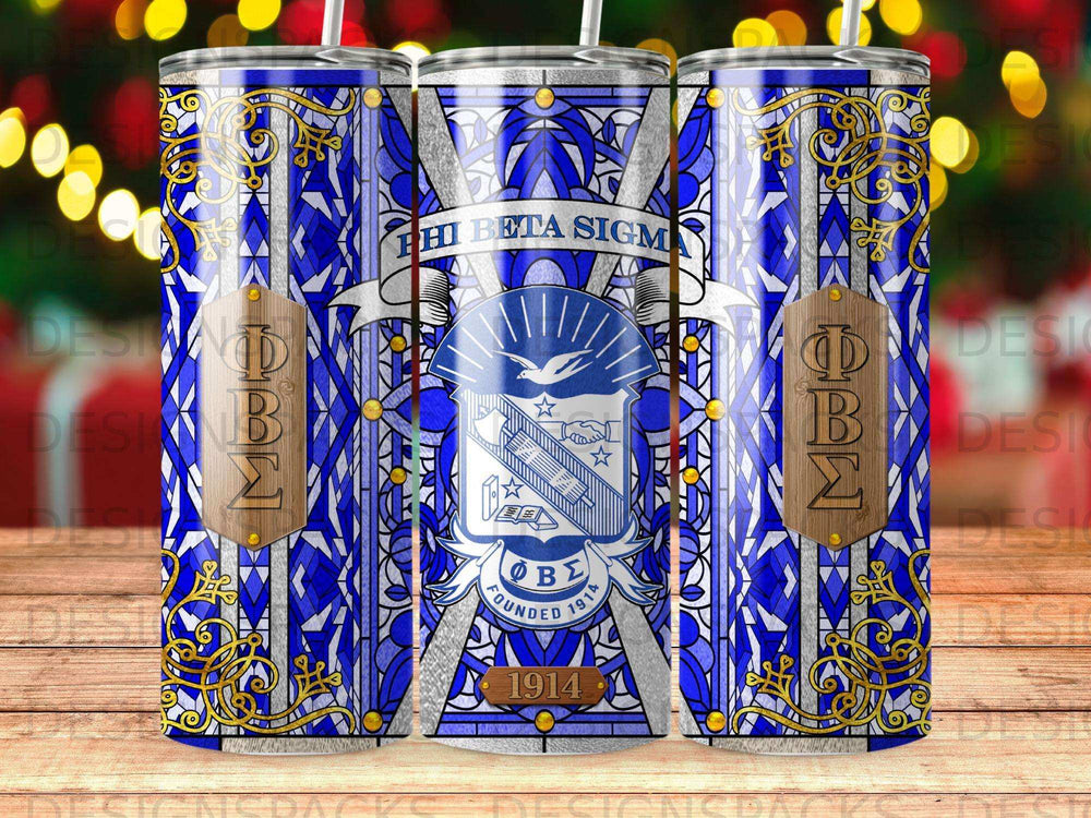 Blue stained glass tumbler with Phi Beta Sigma crest and "Founded 1914".