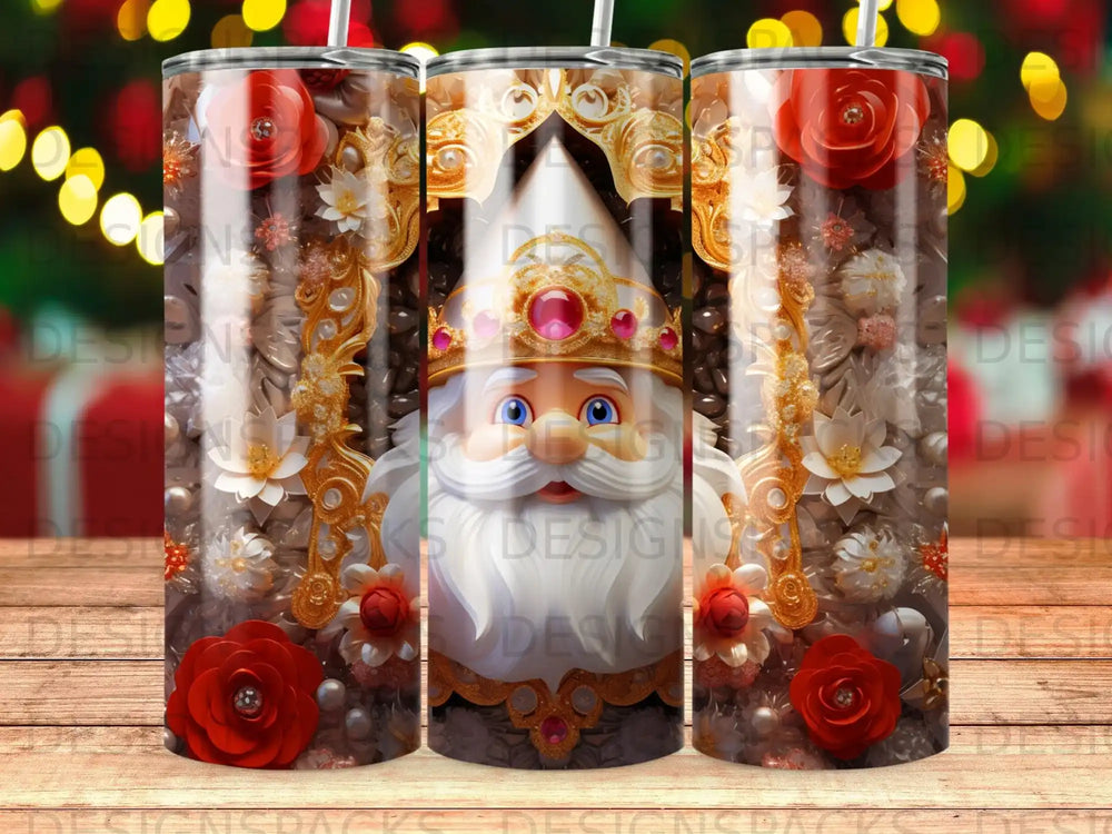 Santa Claus with red roses and ornate gold details on a tumbler.