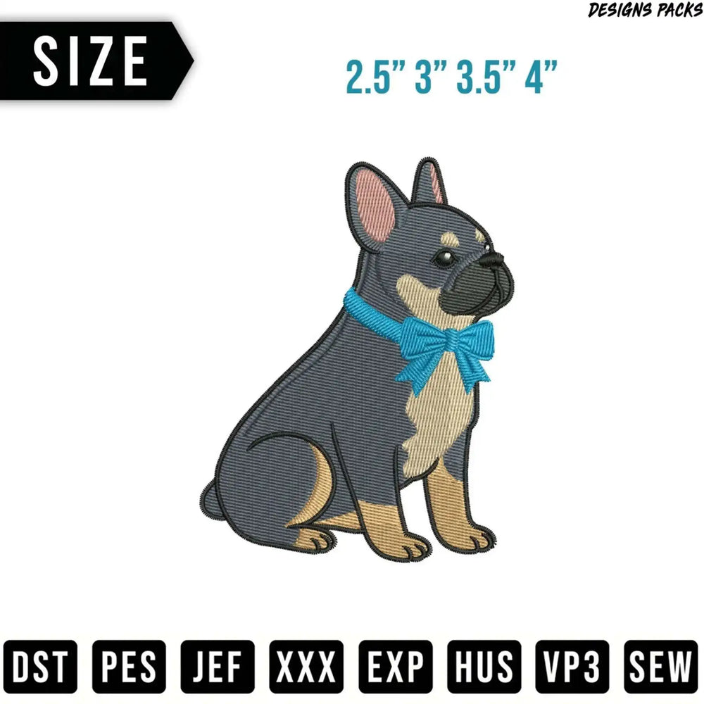 French bulldog with blue bow, available in sizes 2.5-4 inches.