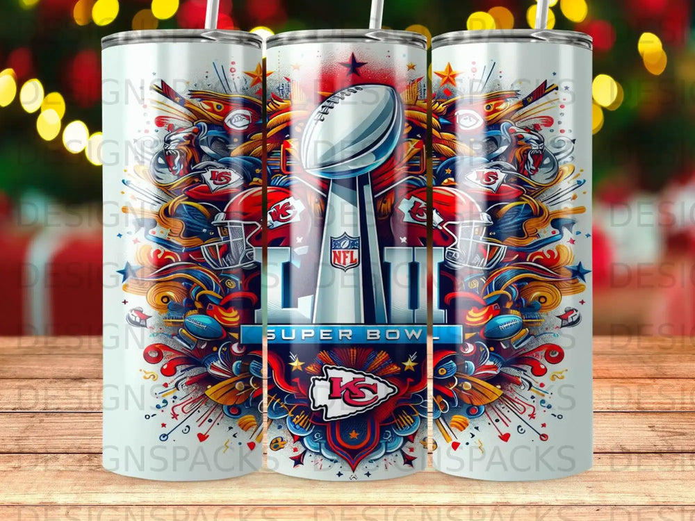 Super Bowl LVIII trophy with Kansas City Chiefs helmets and confetti.