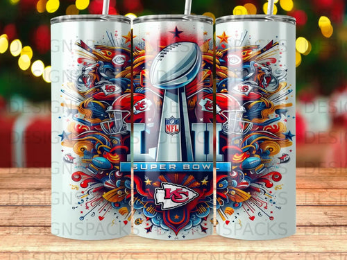 Super Bowl LVIII trophy with Kansas City Chiefs helmets and confetti.