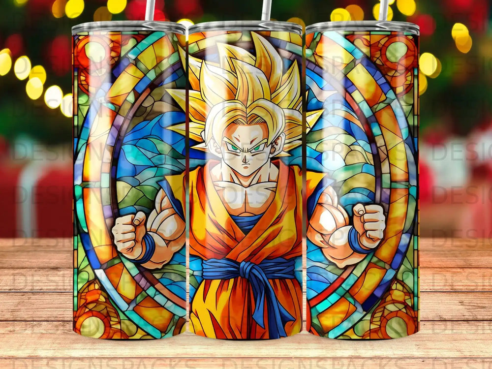Dragon Ball Z Goku stained glass tumbler with colorful border design.