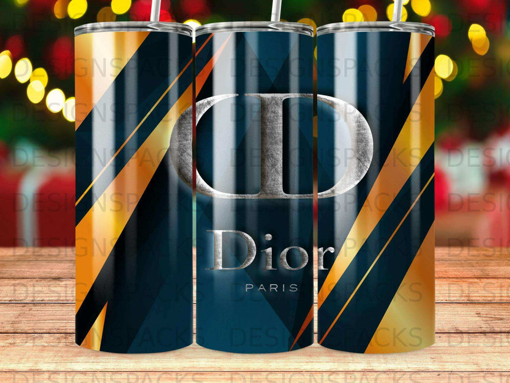 Dior Paris logo on a dark blue and gold striped tumbler.