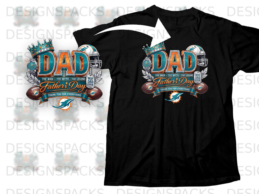 Black t-shirt featuring "DAD" graphic with crown, helmet, watch, and footballs.