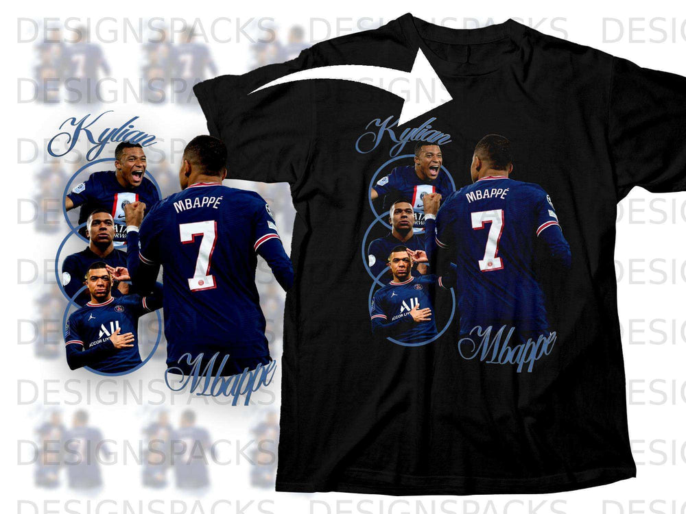 Black t-shirt with Mbappé #7 in blue and white, ACCOR LIVE and RW logos.