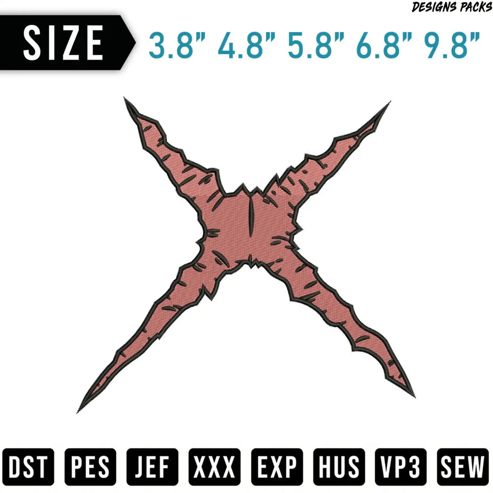 Red stitched scar embroidery design with size and format options.