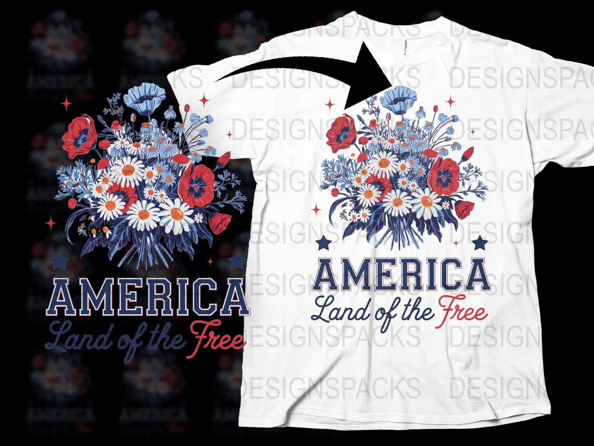Patriotic Floral T-Shirt America Land of the Free USA Flag Colors Red White Blue Flowers Independence Day Apparel