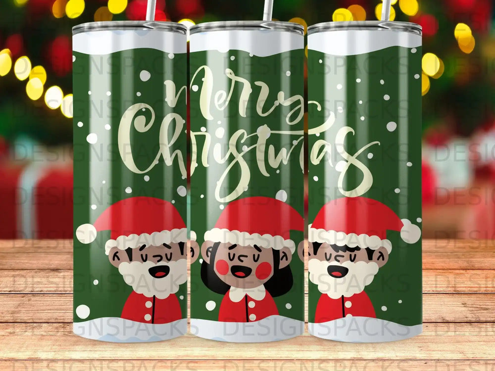 Three tumblers with "Merry Christmas" text and festive holiday characters.