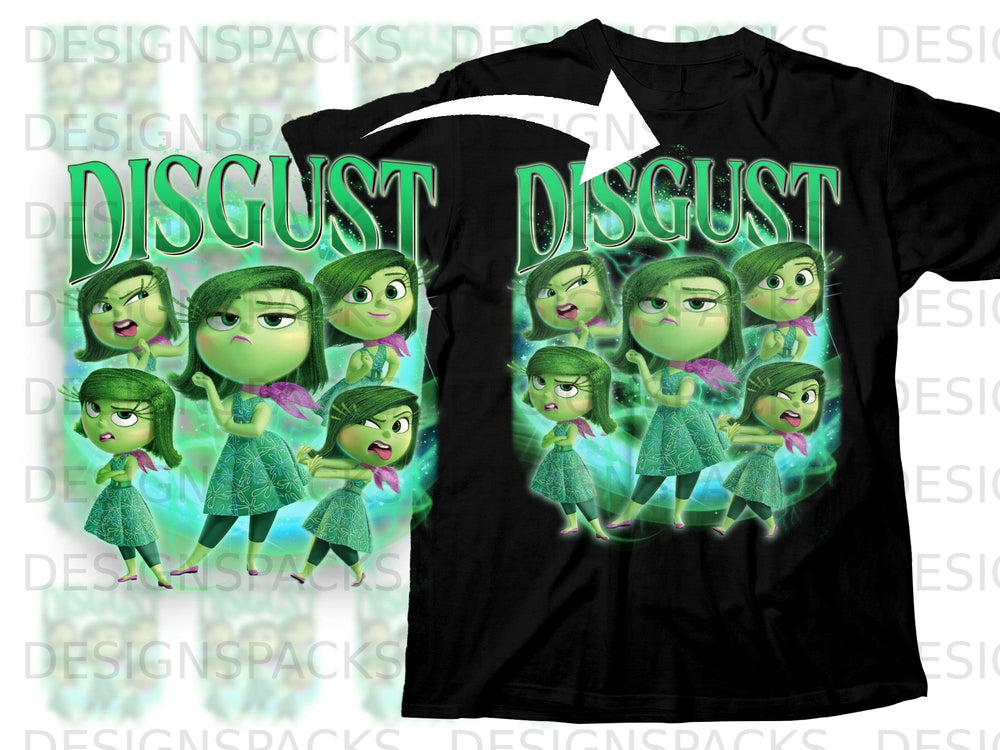 Disgust characters with green hair on a black t-shirt, text "Disgust" above.