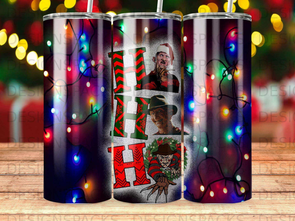 Freddy Krueger and the word "HA HA" on a tumbler with colorful Christmas lights.