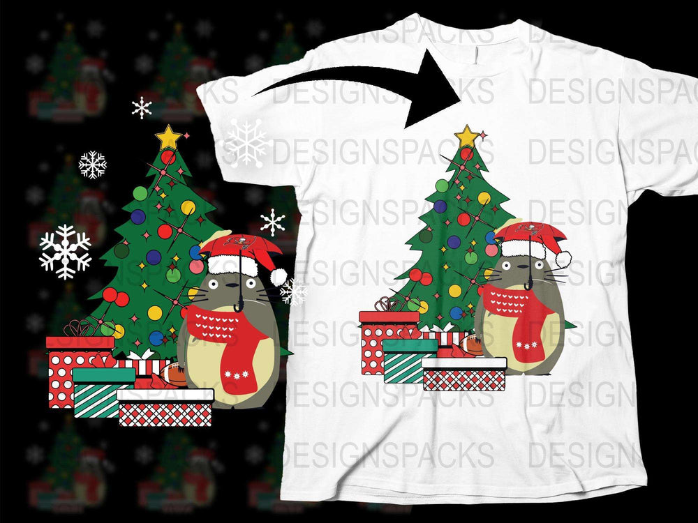 Christmas Cat T-Shirt, Cute Holiday Kitten with Gift, Festive Tree Graphic Tee, Snowflakes Pattern, Unisex White Top