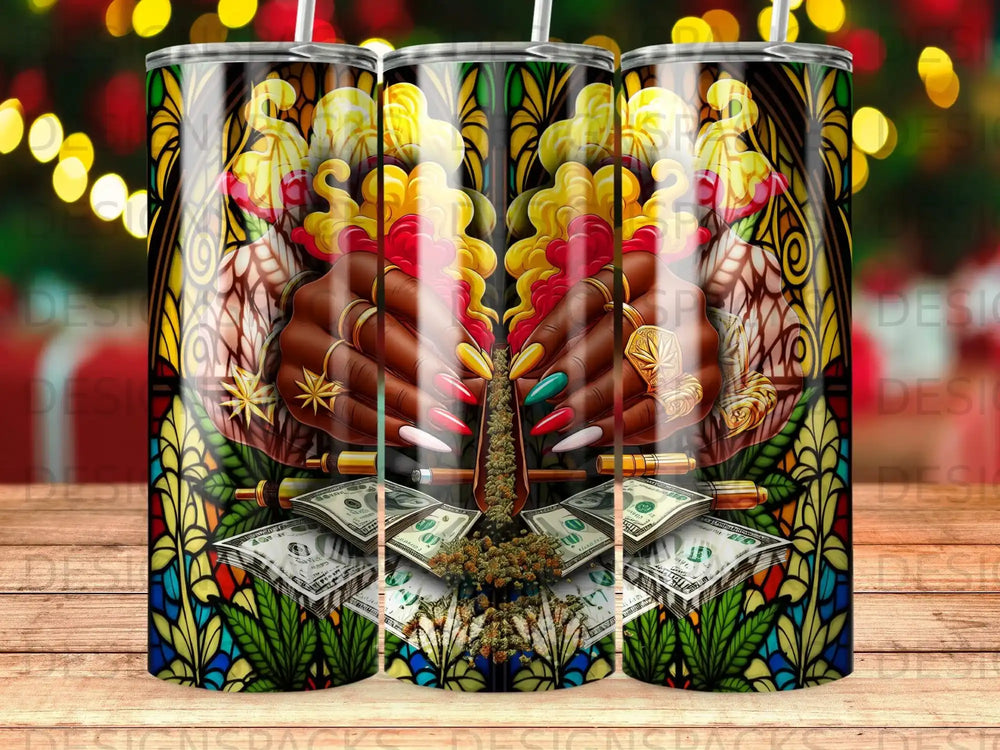 Hands holding marijuana nugs and dollar bills with stained glass pattern.