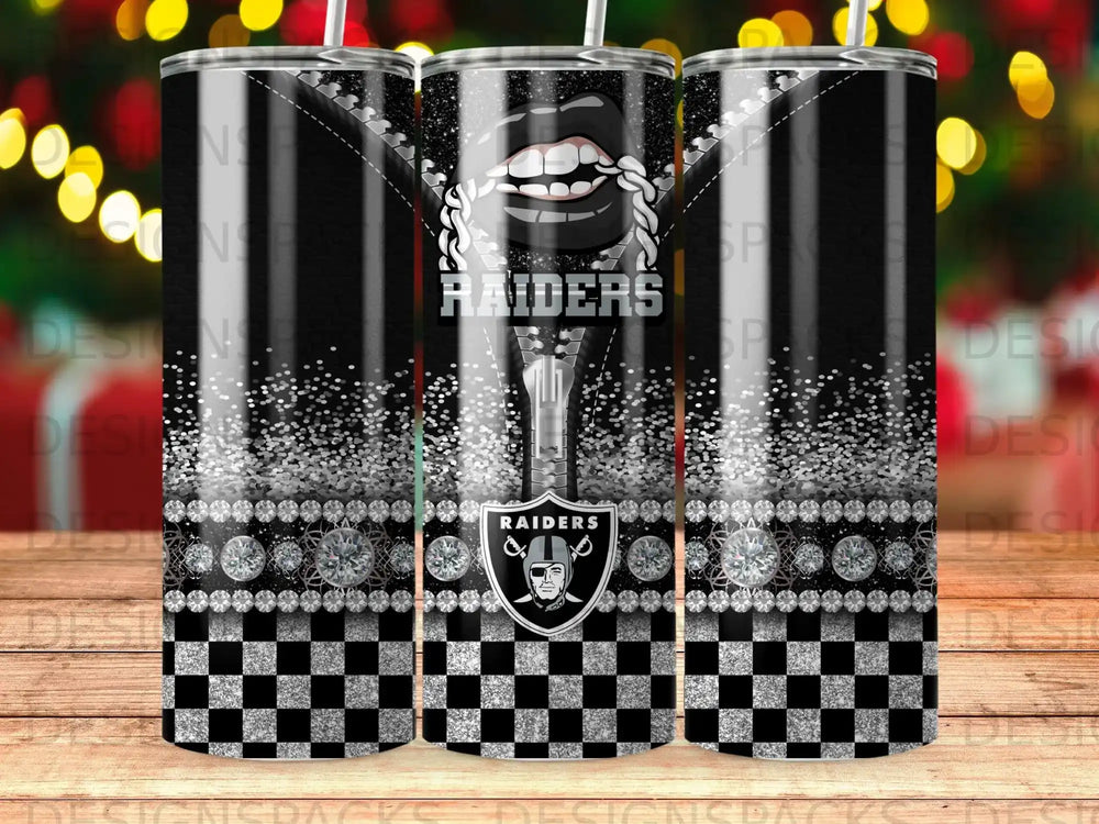 Black and white checkered tumbler with silver zippers and Raiders logo.