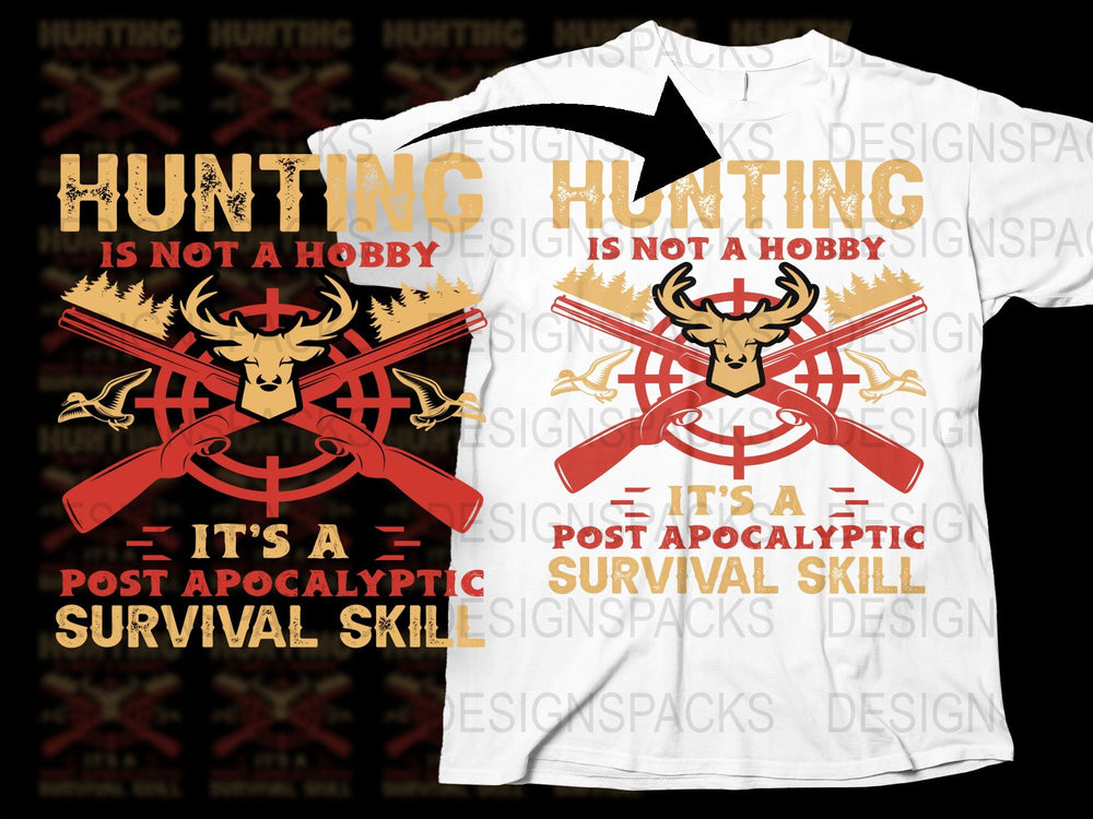 Hunting Post-Apocalyptic Survival Skill Graphic T-Shirt, Deer and Crossed Rifles Design, Unique Hunting Enthusiast Gift, Men's White Tee